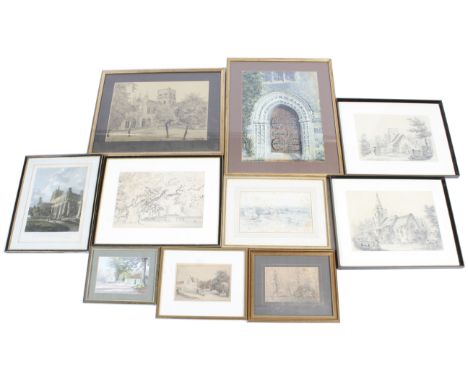 Ten 19th century and later pictures of churches. Including a Edward Francis watercolour of a church door, 42.5cm x 30cm, fram