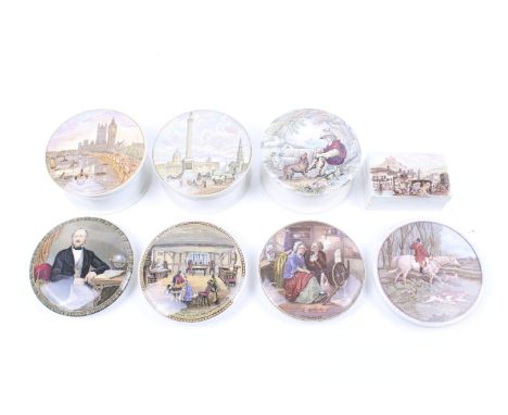 Eight pieces of 19th century and later Prattware. Comprising four lidded pots and four lids, including 'Persuasion', 'Thames 