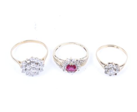 Three vintage 9ct gold rings. Including a cubic zirconia cluster ring (one stone missing) 2.8g gross, a red stone set heart r