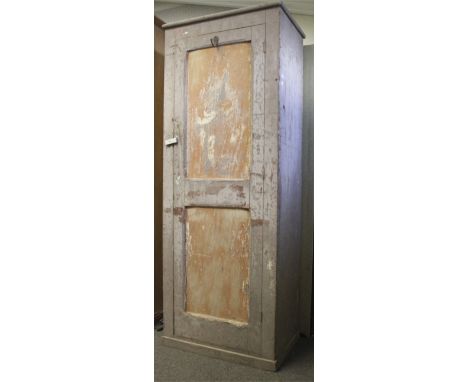 A vintage pine cupboard. Painted in the 'rustic' style, the twin panelled door with a single hook to the front, opening to re