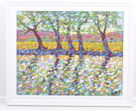 Paul Stephens (b.1957) oil on board 'River Brue & Mendips, Dappled Light'. Signed lower right, information verso, framed. 39.