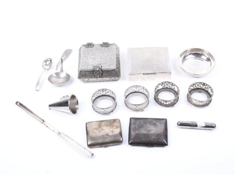 A collection of assorted silver and white metal including a silver-mounted and small wood-lined cigarette box. With engine tu