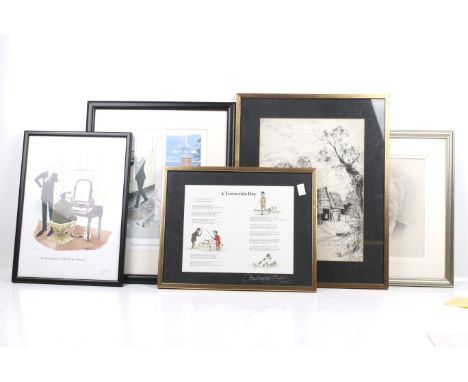 Five 20th century and later prints and pictures. Including a Evelyn Maude Nodel pen and ink sketch, depicting a derelict barn