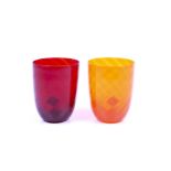 Pair of Nason Moretti coloured glass tumblers. Orange and burgundy, engraved 'HM, 7.3.16' to base.