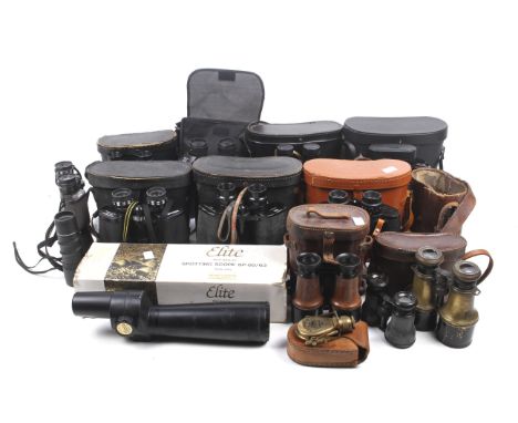A collection of assorted vintage binoculars and scopes. Including a military leather case stamped Jabez Cliff & Co., Walsall,