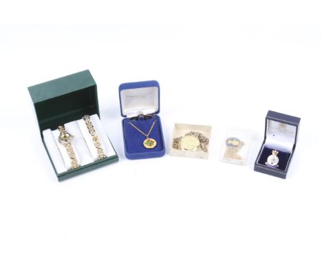 A selection of costume jewellery. Including an enamel 'Armed Forces' pin badge, an Ingersoll lady's pocket watch, a mounted c