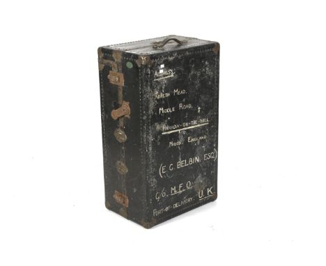 An early 20th century travel steamer trunk. By The South China Goods MFG. Co. With brass fittings and riveted reinforced edge