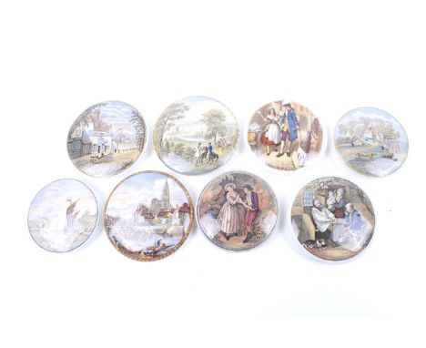 A collection of assorted vintage eight prattware pot lids. Including The Ning Po River, Pegwell Bay, etc. Max. diameter 12cm 