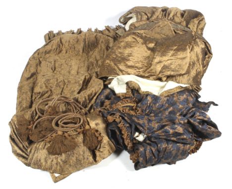 Two pairs of lined and pleated bronze fabric curtains. Measurements 310cm (from top to bottom), 200cm (along the bottom), wit