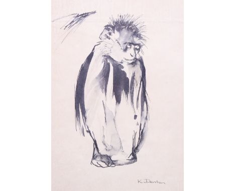 Kate Denton (born 1954), ink sketch of a monkey. Signed lower right. Framed and glazed. 20cm x 29cm