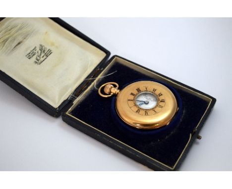 A 9CT HALF HUNTER POCKET WATCH, white metal enamel second hand, marked R. McDowell Belfast, dust cover marked 9ct, in origina