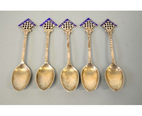 A SET OF FIVE MASONS SILVER TEASPOONS, with KEL 1928-29, 1931-3 in blue enamel to finial and finial over checkerboard, Birmin