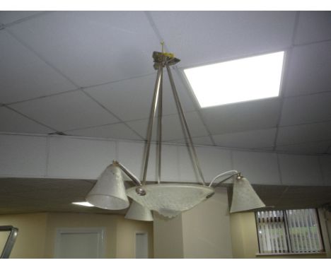 AN ART DECO STYLE FROSTED GLASS CEILING LIGHT, the central circular globe with three further branches with matching shades