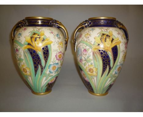 A PAIR OF WILEMAN 'THE FOLEY TWIN HANDLED ' VASES, 'Faience' Old Chelsea, England, decorated with flowers and foliage, No.802