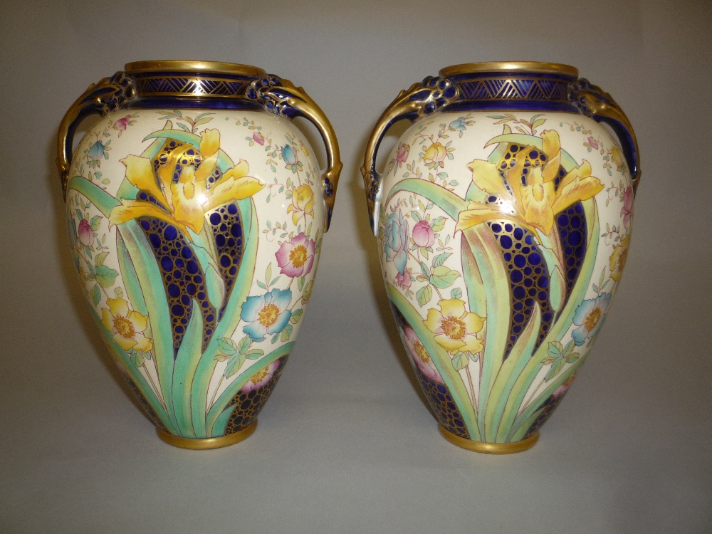 A PAIR OF WILEMAN 'THE FOLEY TWIN HANDLED ' VASES, 'Faience' Old