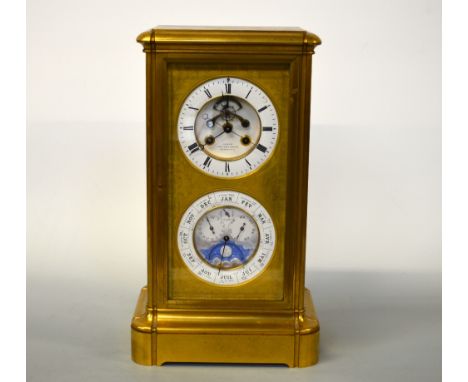 A LARGE GILT AND FOUR GLASS CALENDAR MANTEL CLOCK, clock marked Ches Oudin, Palais-Royal 52, striking on a bell, calendar wit