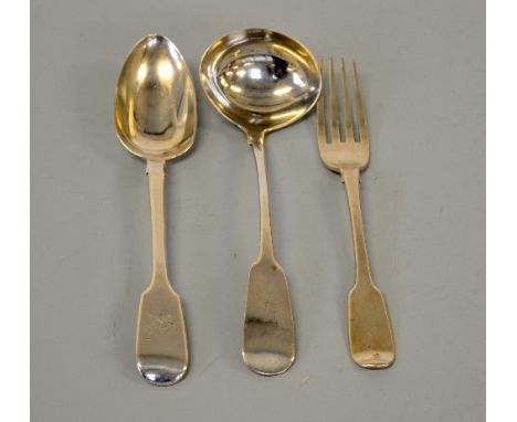 THREE PIECES OF DUBLIN SILVER, comprising sauce ladle 1816, dessert spoon 1863 and fork 1841 (3)