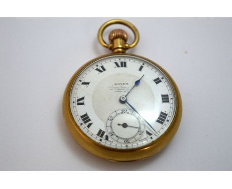 A ROLEX POCKET WATCH, fifteen jewelled cal 879 in a 9ct Dennison case No.590360, hallmarked Birmingham 1935/6, enamel dial Ro