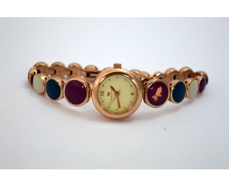 RADLEY, A ladies fashion watch with rose gold coloured metal and purple, green and cream enamel detail, within original box