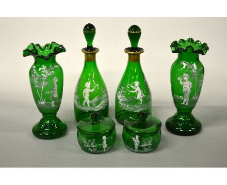 A PAIR OF MARY GREGORY STYLE ENAMEL GREEN GLASS VASES, frilled rims, painted decoration showing a boy and girl respectively, 