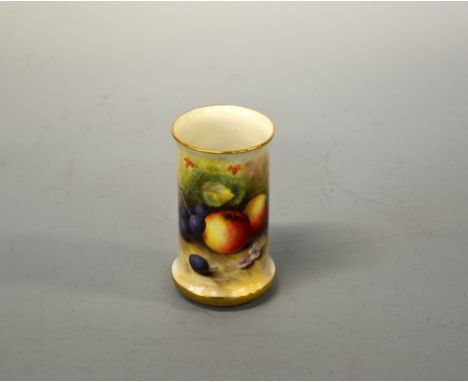A ROYAL WORCESTER TUBE VASE, hand painted with apples and grapes, signed W Bee, gilt rim and base, approximate height 11cm, r