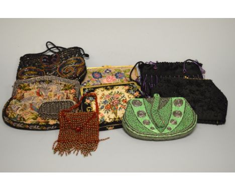 A COLLECTION OF HANDBAGS, to include two small purses, one being white metal chain mail design (9)