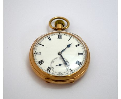 A 9CT GOLD OPEN FACED POCKET WATCH, white enamel with subsidiary dial, dust cover also marked 9ct London 1924