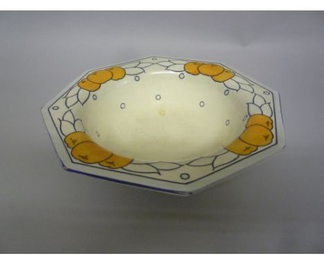 A BURLEIGH WARE OCTAGONAL BOWL, by Charlotte Rhead, tube lined decorated with oranges, tube lined, stamped factory and painte