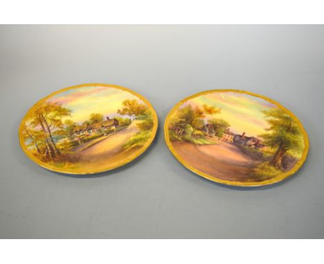 TWO HAND PAINTED ROYAL WORCESTER PLATES, Anne Hathaways Cottage and Tewksbury with gilt borders, signed R. Rushton, approxima