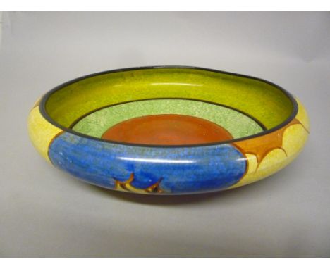 CLARICE CLIFF BIZARRE FOR WILKINSON LTD LOW BOWL, 'Blue Autumn' design, green and black factory marks, approximate diameter 2