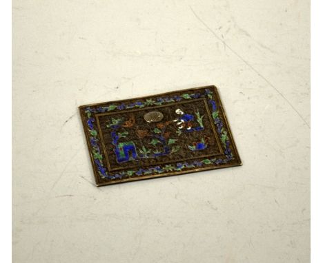 AN ORIENTAL FILIGREE PANEL, with coloured enamel decoration, depicting figure, tree and house, approximate height 6.5cm, widt