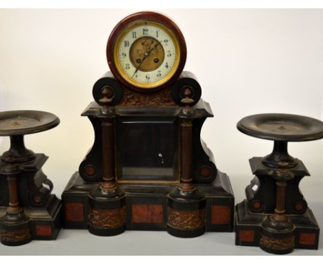 A LATE 19TH CENTURY SLATE, MARBLE AND BRASS MOUNTED CLOCK GARNITURE, clock eight day movement with mercury pendulum striking 