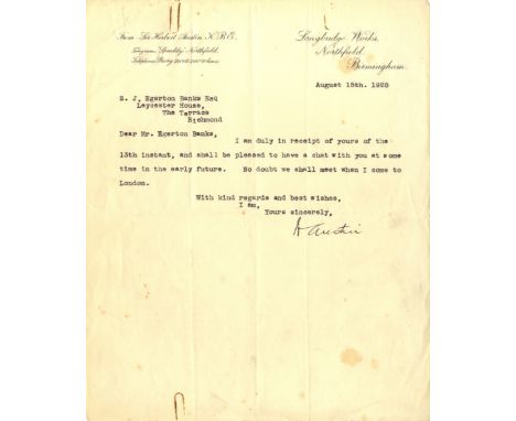 AUSTIN HERBERT: (1866-1941) English Automobile Designer, founder of the Austin Motor Company. T.L.S., H Austin, one page, 4to