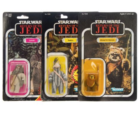 Three Star Wars 'Return Of The Jedi' 3 /3/4 inch figures by Kenner, 'Teebo', 'Lumat' and 'Wicket W Warrick':,  all three on R