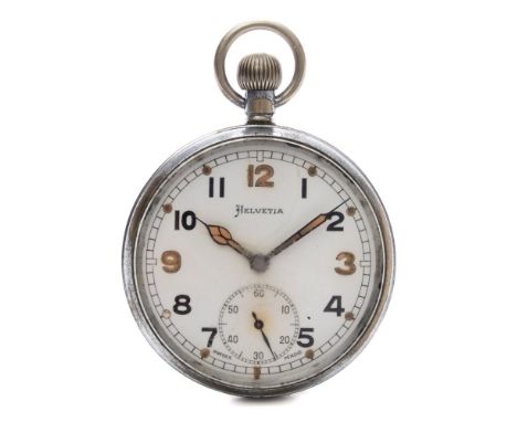 A War Office issue open face pocket watch by Helvetia:, signed to enamel dial, luminous Arabic numerals and subsidiary second