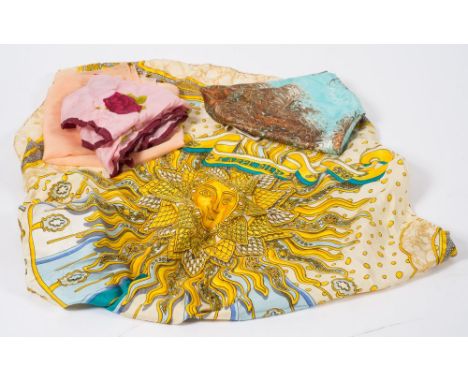 A Hermes 'Carpe Diem' pattern silk scarf  by  Joachiem Metz (1994):, and three other silk scarves