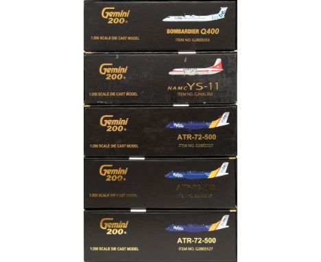 Gemini Jets, five 1/200 scale diecast airliners: includes Bombadier Q400, NAMC YS-11, ATR-72-500 x 3, various liveries, all b