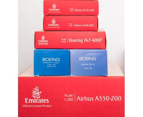 Gemini Jets and Hogan, six assorted 1/200 scale diecast and plastic airliners: includes, Boeing 747-400BCF, Boeing 787-8, Air