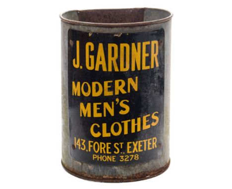 An early 20th century enamel advertising waste paper bin for 'J Gardner Modern Men's Clothes 143, Fore Street, Exeter:', yell