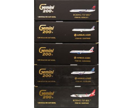 Gemini Jets, five 1/200 scale diecast airliners: includes Boeing 737-800, Airbus A320, Boeing 737-800, Airbus A320 and Airbus