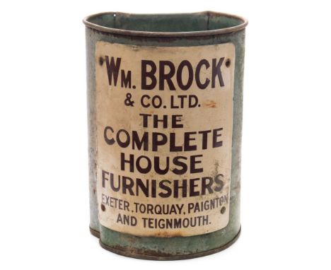An early 20th century enamel advertising waste paper bin for 'Wm Brock & Co Ltd, The Complete House Furnishers Exeter':, the 