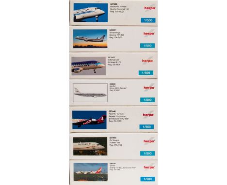 Herpa, seven 1/500 scale diecast airliners: includes Boeing 737-800, Embraer E170, Boeing 737-800, Fokker 100, Bombardier CRJ