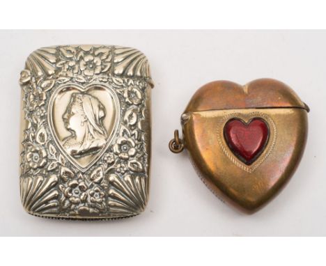 A Victorian silver plated vesta case:, with portrait decoration in a heart shape d cartouche, together with a brass heart sha