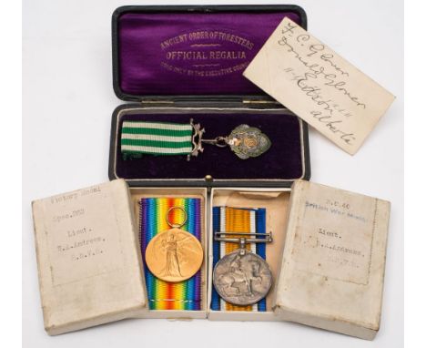 A WWI pair 'Lt W A Andrews RNVR:, War Medal and Victory Medal, together with a silver gilt and enamel Ancient Order of Forest