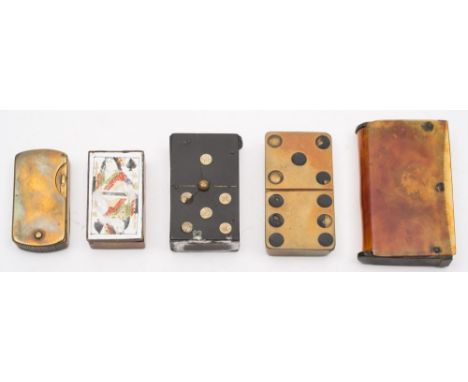 A brass vesta in the form of a domino:, together with another resin example, a brass vesta with enamel card decoration and tw