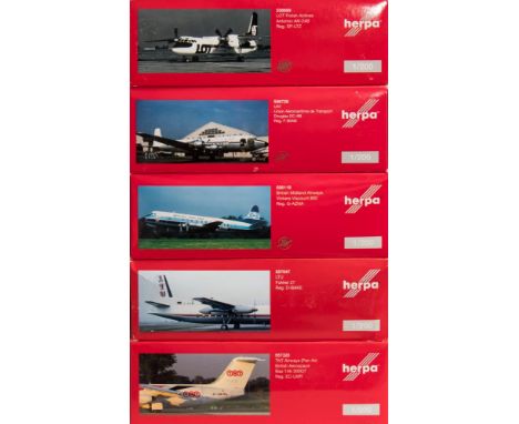 Herpa, five 1/200 scale diecast airliners:Antonov AN-24B, Douglas DC-6B, Vickers Viscount 800, Fokker 27 and Bae 146-300QT,  