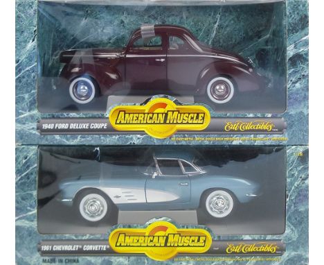 Two Ertl Collections 1:18 scale 'American Muscle' models:, 1961 Chevrolet Corvette and 1940 Ford Deluxe Coupe, in original bo