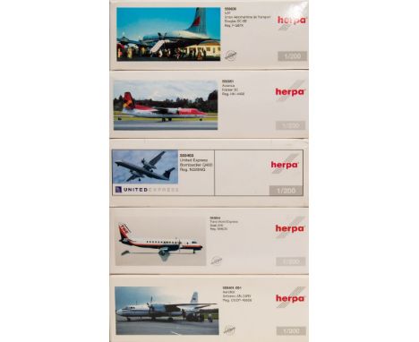 Herpa, five 1/200 scale diecast airliners: Douglas DC-6B, Fokker 50, Bombardier Q400, Saab 340 and Antonov AN-24V, various li