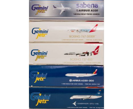 Gemini Jets, five 1/400 scale diecast airliners: includes Airbus A320, Boeing 767-300ER, Boeing 737-800, Airbus A330-300 and 