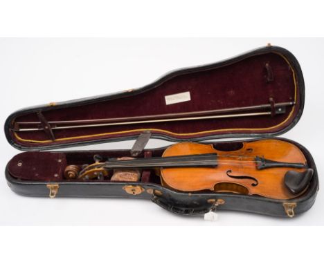 A 19th century violin and bow: having a two piece back of medium flame and curl, the varnish of a light honey colour, bears l